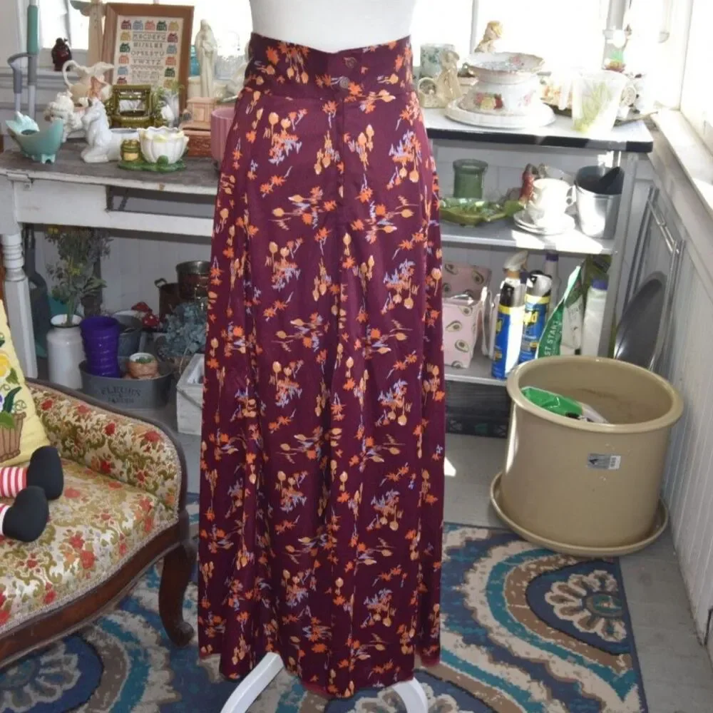 Vintage 70s Burgundy Floral Maxi Skirt M Boho Hippie Prairie Festival